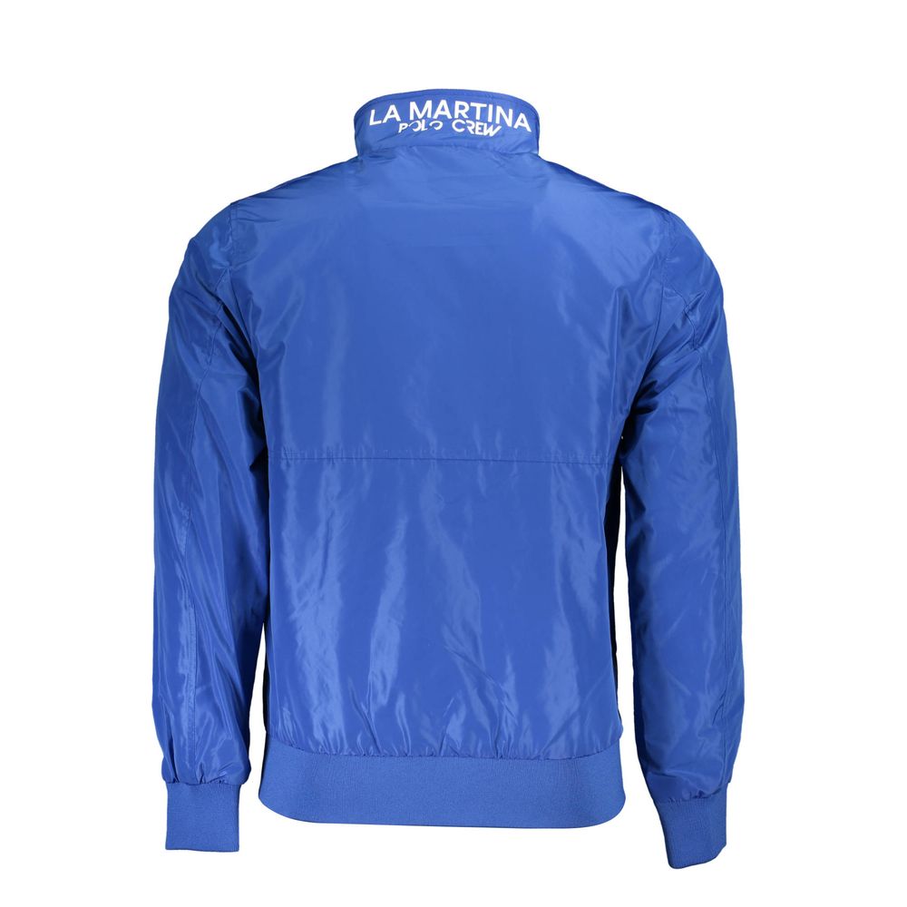 La Martina Blu polyester men's jacket with a zip front, standing collar, and side pockets, displayed on a hanger.
