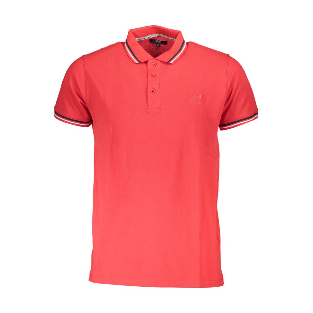 Red cotton men's polo shirt by Cavalli Class with a classic collar and short sleeves, displayed on a plain background.
