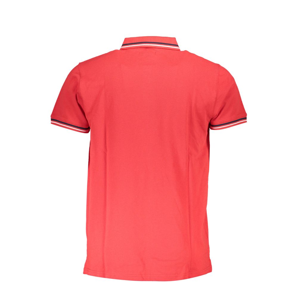 Red cotton men's polo shirt by Cavalli Class with a classic collar and short sleeves, displayed flat on a white background.