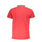 Red cotton men's polo shirt by Cavalli Class with a classic collar and short sleeves, displayed flat on a white background.