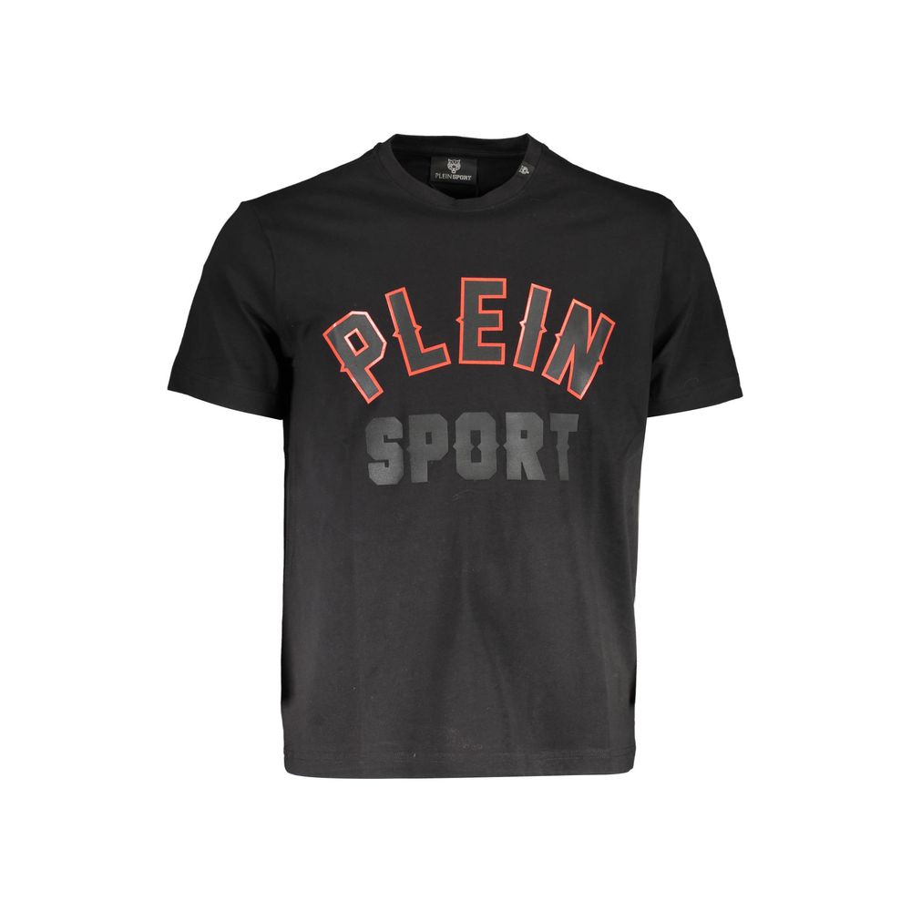 Black cotton men's T-shirt by Plein Sport featuring a round neckline and casual fit.