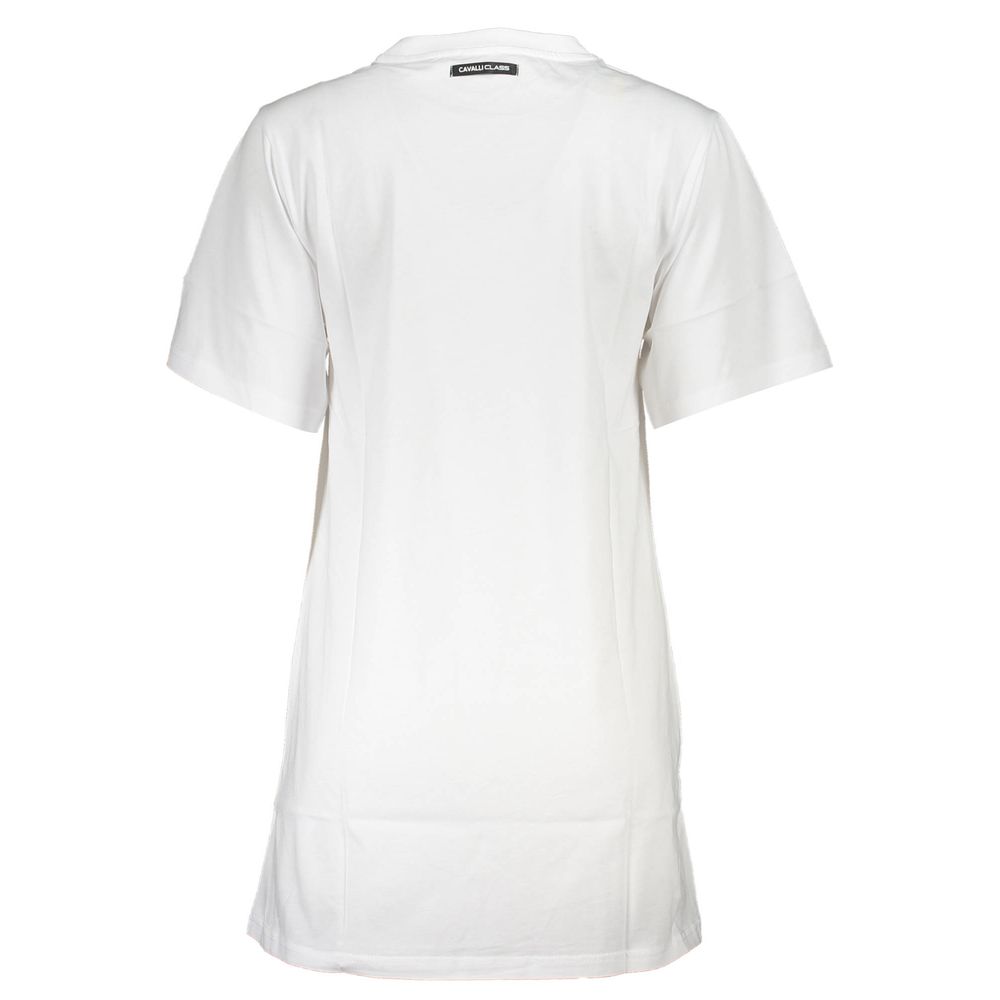 White cotton women's dress by Cavalli Class, featuring a stylish, elegant design with a fitted silhouette and subtle detailing.