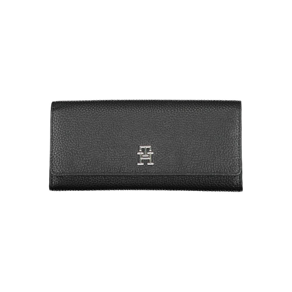 Tommy Hilfiger women's black polyurethane wallet with multiple card slots and a sleek, minimalist design.