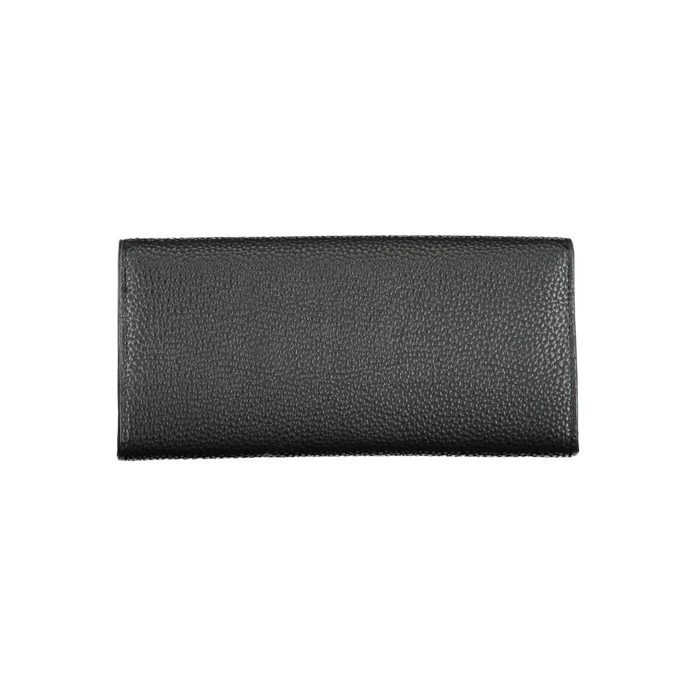 Black polyurethane women’s wallet by Tommy Hilfiger with silver logo accents and multiple card slots.
