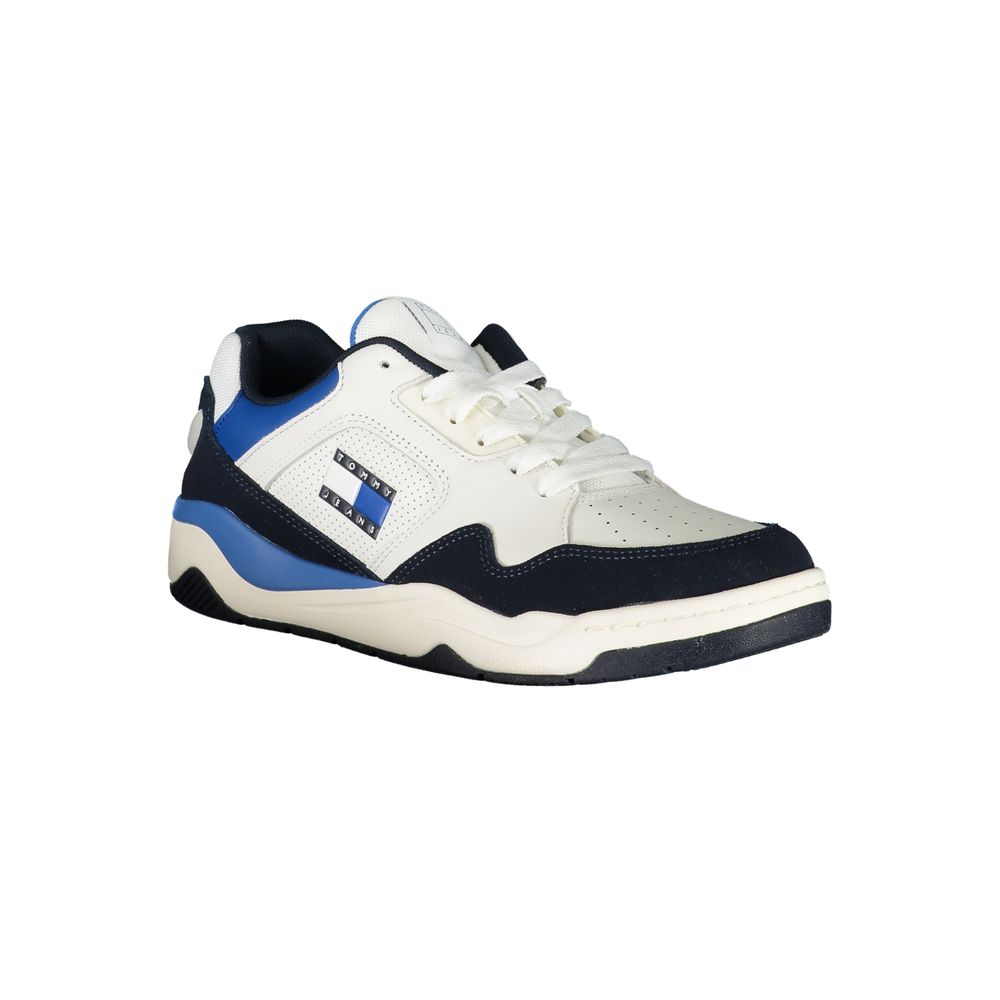 Tommy Hilfiger blue polyurethane men's sneaker with white sole and lace-up design, casual athletic footwear.