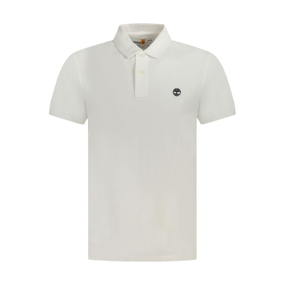Timberland Bianco Cotton Men Polo Shirt displayed on a hanger, showcasing the classic white design and button collar.