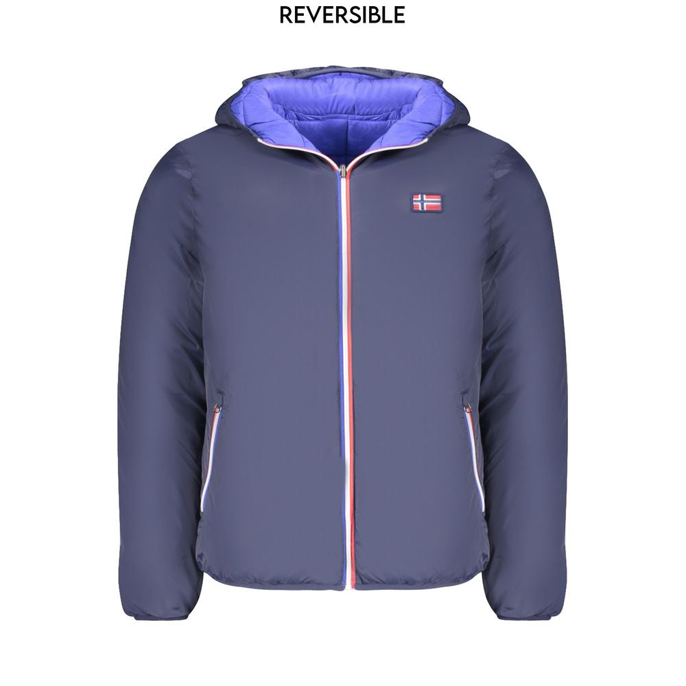 Norway 1963 blue poliammide men's jacket displayed on a hanger, showcasing its lightweight and durable outer fabric.
