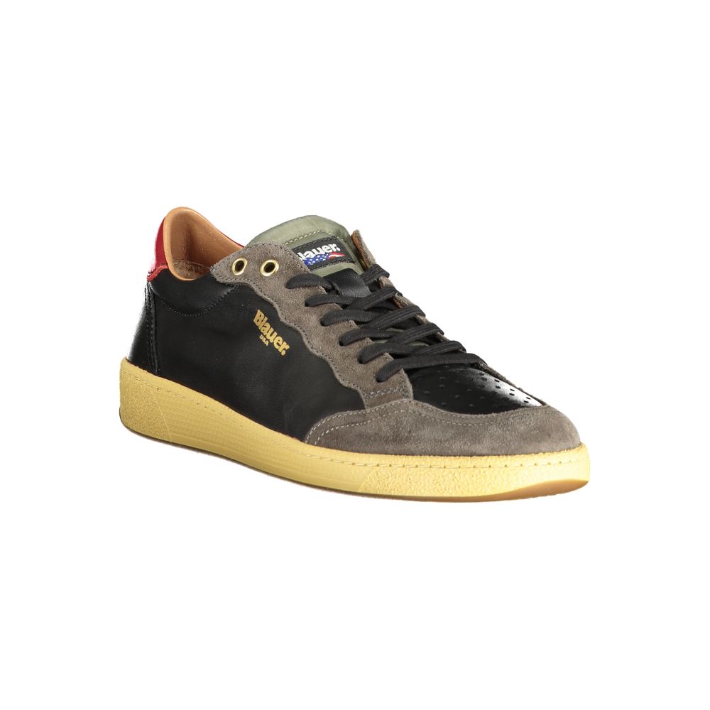 Black leather men's sneaker by Blauer with sleek design and white sole, featuring detailed stitching and modern style.