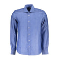 North Sails Blu Linen Men’s Shirt displayed on a hanger, showcasing lightweight fabric and classic design.