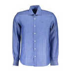 North Sails Blu Linen Men’s Shirt displayed on a hanger, showcasing lightweight fabric and classic design.