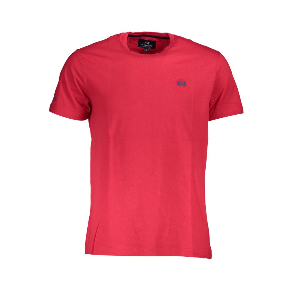 La Martina Rosso Cotton Men's T-Shirt in red with a round neckline and short sleeves, styled casually on a plain background.