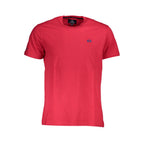 La Martina Rosso Cotton Men's T-Shirt in red with a round neckline and short sleeves, styled casually on a plain background.