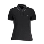 Black cotton women's polo shirt by Napapijri, featuring a classic collar and short sleeves.