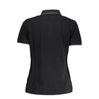 Black cotton women's polo shirt by Napapijri, featuring a classic collar and short sleeves, laid flat.