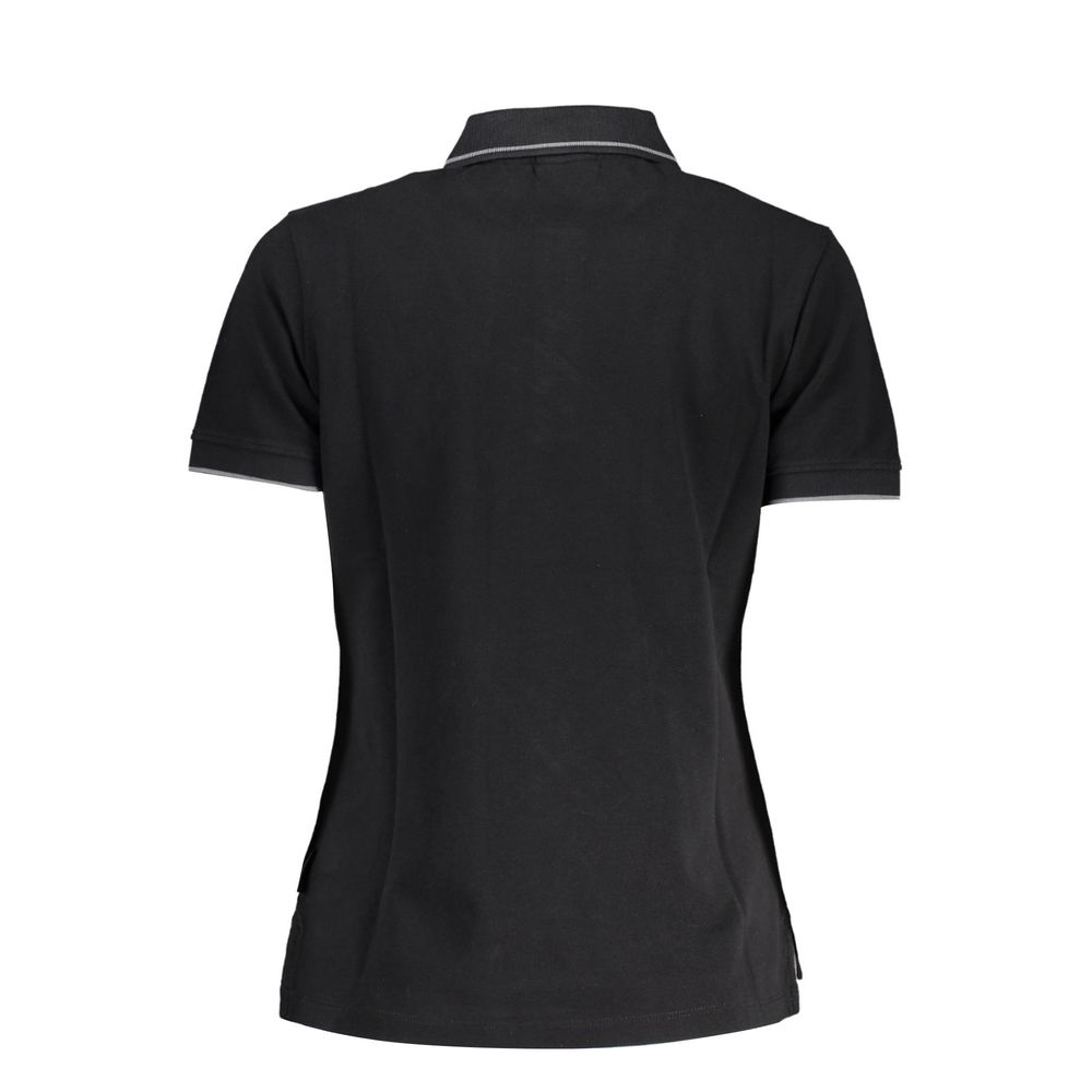 Black cotton women's polo shirt by Napapijri, featuring a classic collar and short sleeves, laid flat.