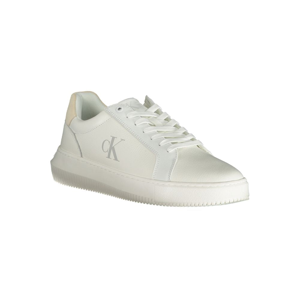 Calvin Klein white polyurethane men's sneaker with sleek design and lace-up closure, front view showing textured outsole.