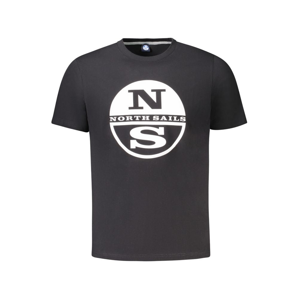 Black North Sails cotton men's T-shirt displayed flat with crew neck and short sleeves, showcasing casual, comfortable apparel.