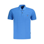 Napapijri men's blue cotton polo shirt with a classic collar and short sleeves, displayed flat on a white background.