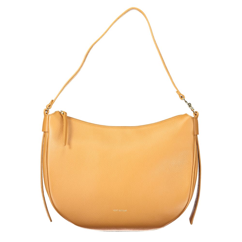 Coccinelle brown leather women's handbag with top handles and sleek design, showcasing elegant craftsmanship.