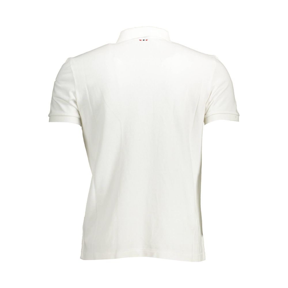 White Napapijri cotton men's polo shirt with a classic collar and short sleeves, displayed on a plain background.