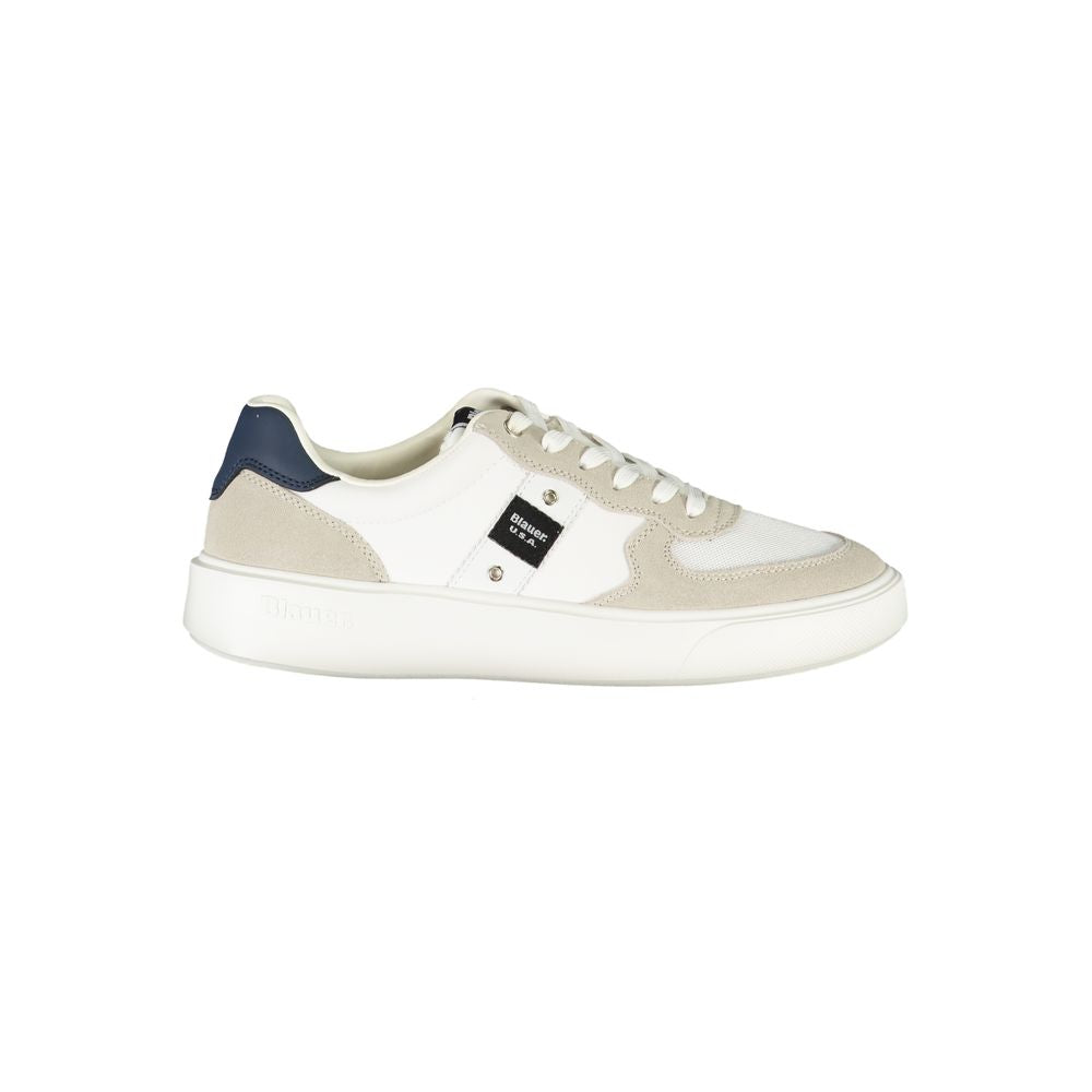 Blauer Bianco men's polyurethane sneaker showing sleek white design with laces and sporty silhouette.