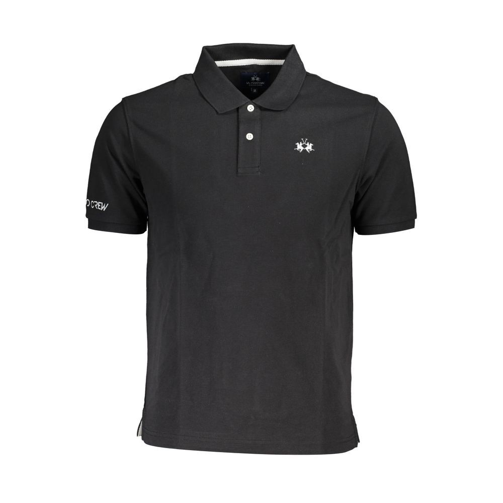 Black cotton men's polo shirt by La Martina with classic collar and short sleeves, laid flat on a neutral background.