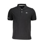Black cotton men's polo shirt by La Martina with classic collar and short sleeves, laid flat on a neutral background.