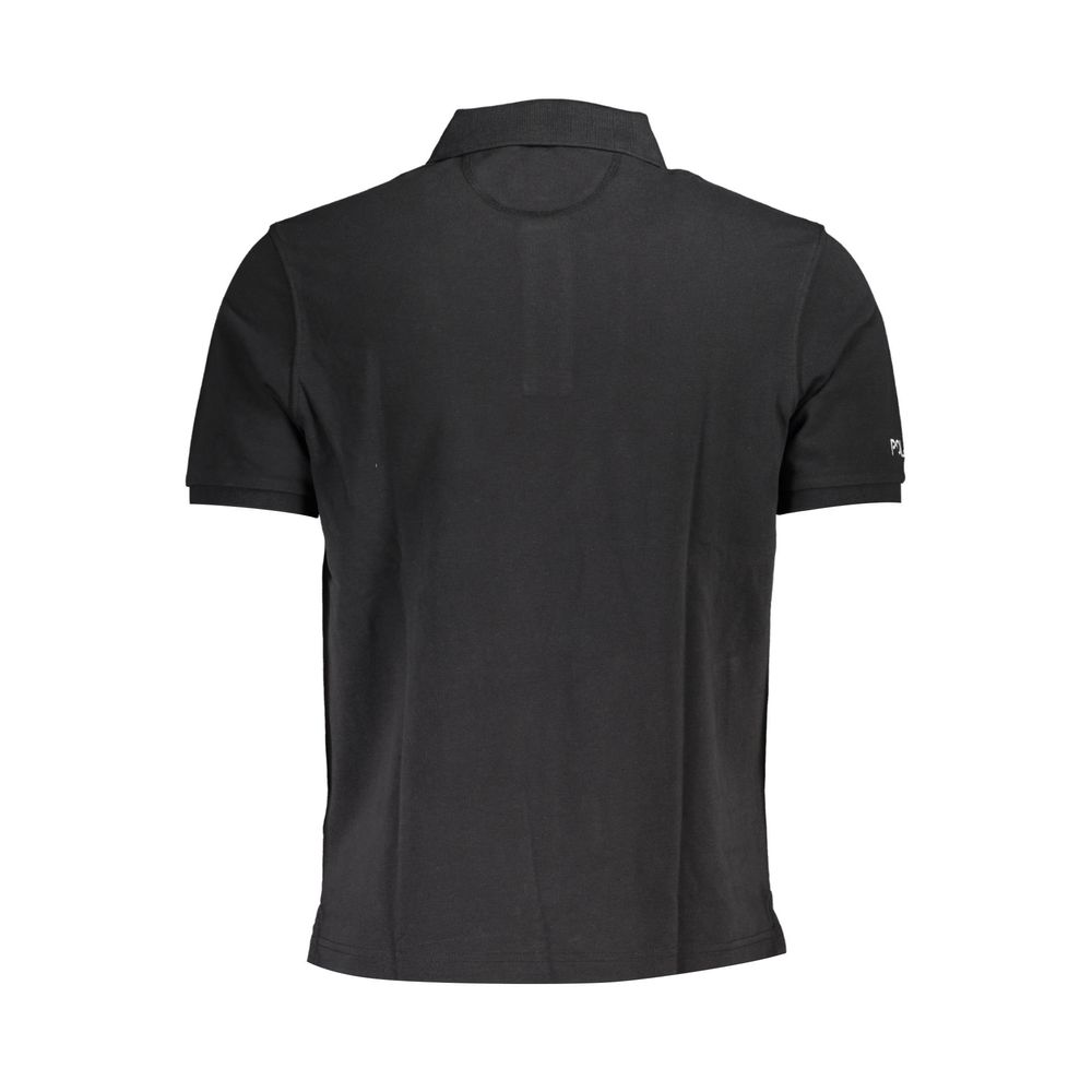 Black cotton men's polo shirt by La Martina, featuring a classic collar and short sleeves, laid flat for display.