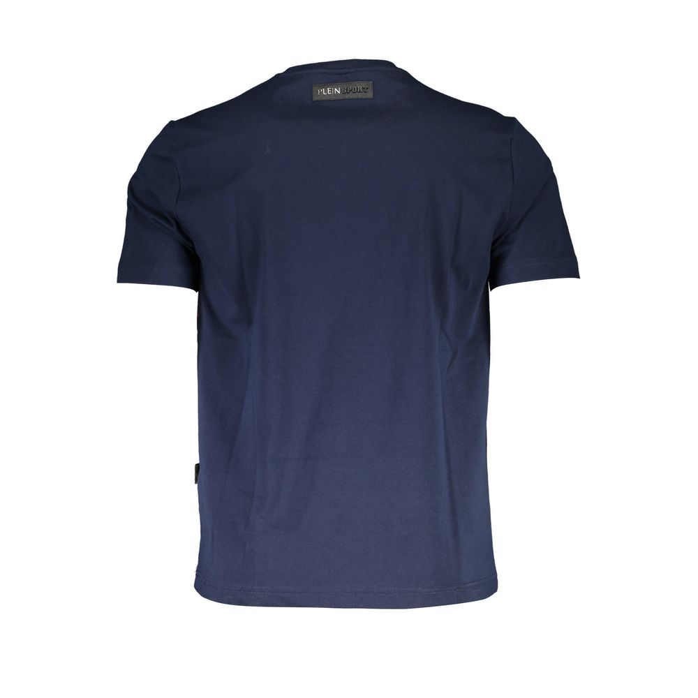 Blue cotton men's T-shirt by Plein Sport with a round neckline and casual fit, displayed on a plain background.