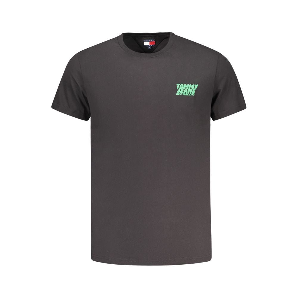 Black cotton men's T-shirt by Tommy Hilfiger displayed flat, showcasing the classic fit and subtle logo detail.