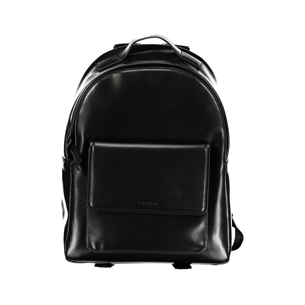 Black Calvin Klein urban backpack with laptop compartment, featuring sleek design and adjustable straps.