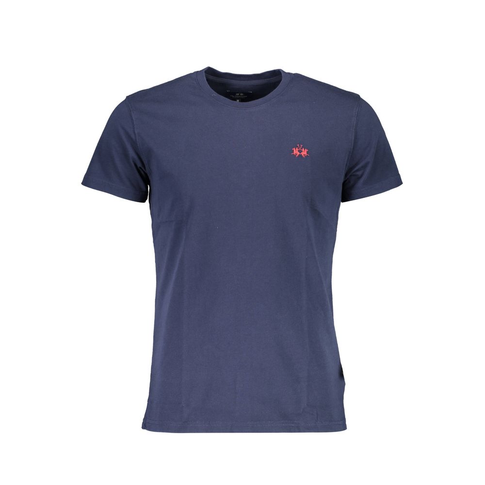 Blue cotton men's T-shirt by La Martina, featuring a classic fit and logo detail, displayed on a neutral background.