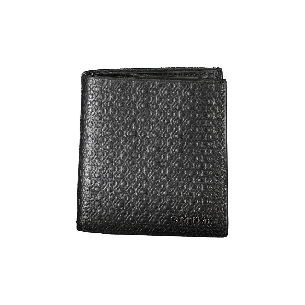 Calvin Klein sleek leather bifold RFID wallet with card slots and minimalist design, shown in black leather.