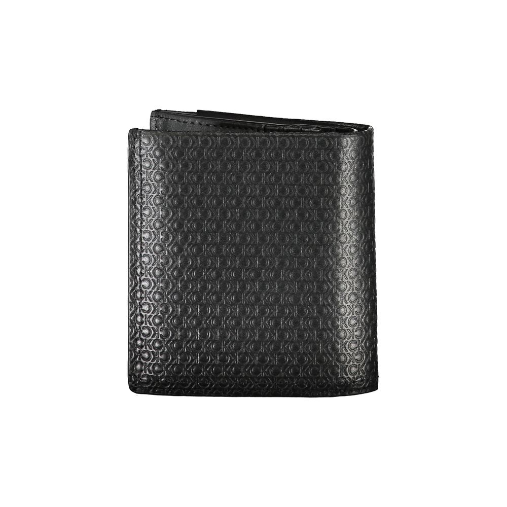 Calvin Klein sleek leather bifold RFID wallet with card slots and minimalist design, shown in black leather.