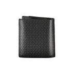 Calvin Klein sleek leather bifold RFID wallet with card slots and minimalist design, shown in black leather.