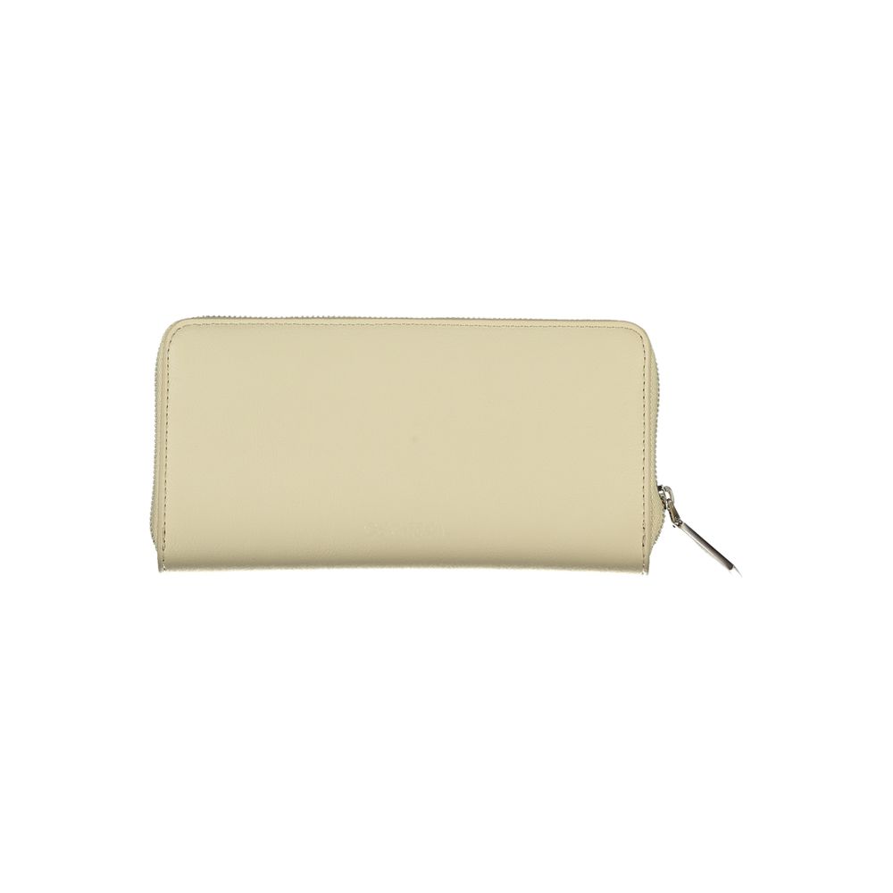 Calvin Klein beige polyurethane women's wallet with multiple card slots and a sleek, minimalist design.