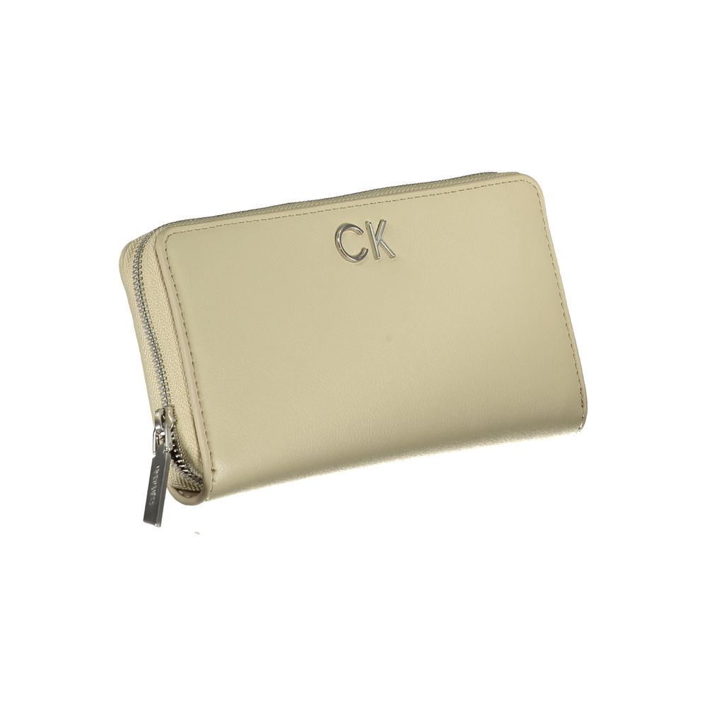 Calvin Klein beige polyurethane women's wallet with sleek design and multiple card slots, stylish and functional accessory.