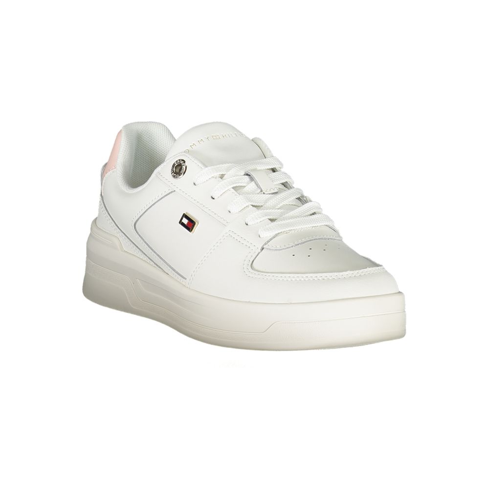 White leather women’s sneaker by Tommy Hilfiger with a sleek design and casual style, featuring the brand’s signature details.
