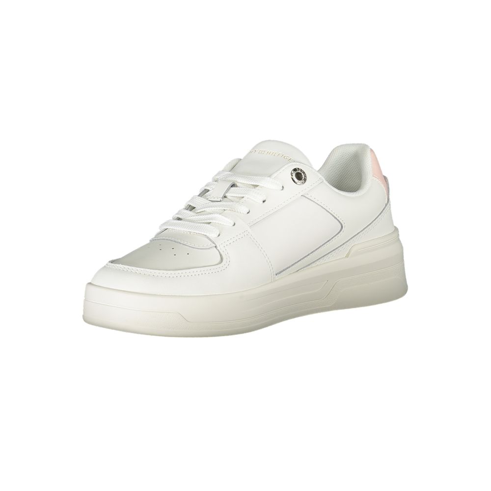 White leather women's sneaker by Tommy Hilfiger with a sleek design and brand logo on the side.