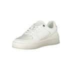 White leather women's sneaker by Tommy Hilfiger with a sleek design and brand logo on the side.