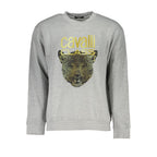 Gray Cavalli Class cotton men's sweater with a classic fit and ribbed cuffs, displayed flat on a white background.