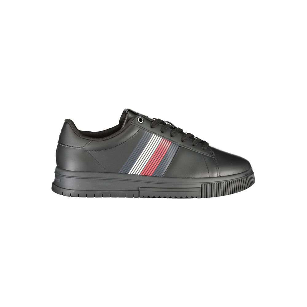 Tommy Hilfiger black polyurethane men's sneaker with lace-up design and sporty style.