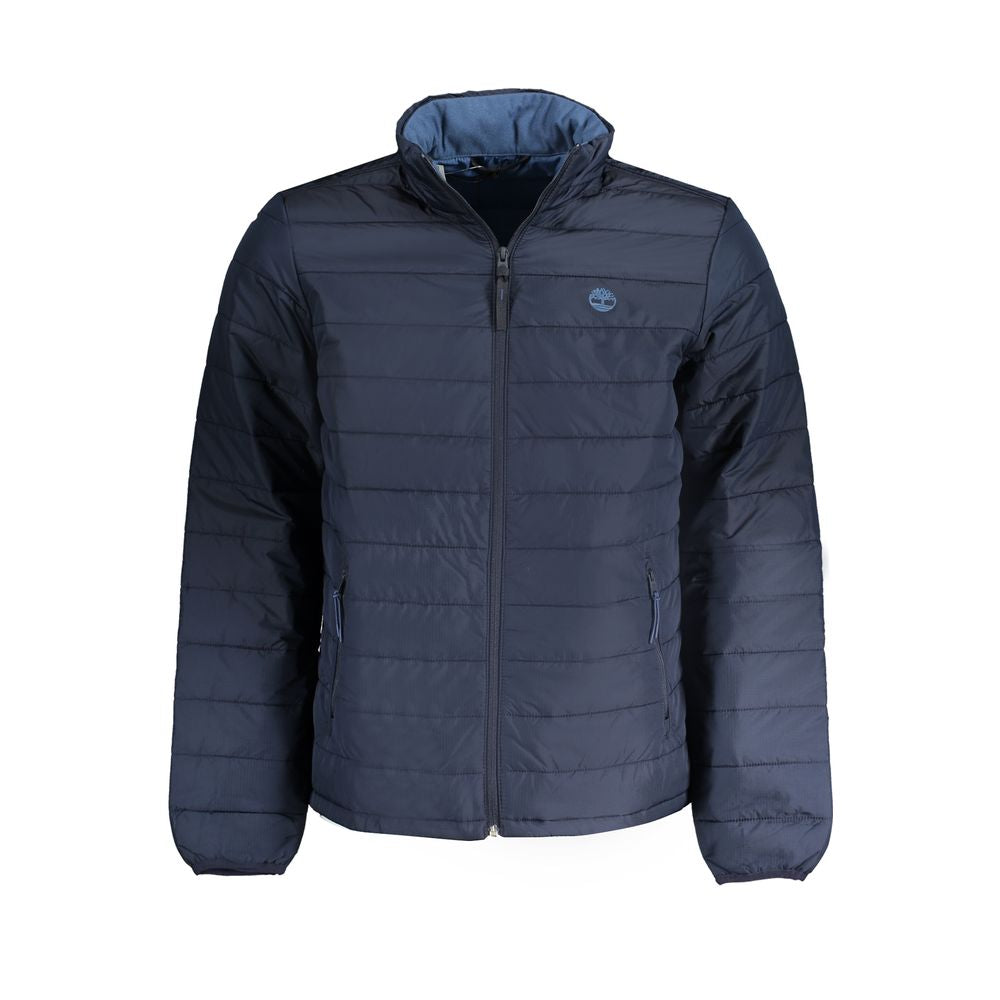 Timberland men's Blu polyester jacket with front zipper and adjustable hood, casual outdoor style.