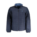 Timberland men's Blu polyester jacket with front zipper and adjustable hood, casual outdoor style.