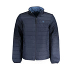 Timberland men's Blu polyester jacket with front zipper and adjustable hood, casual outdoor style.
