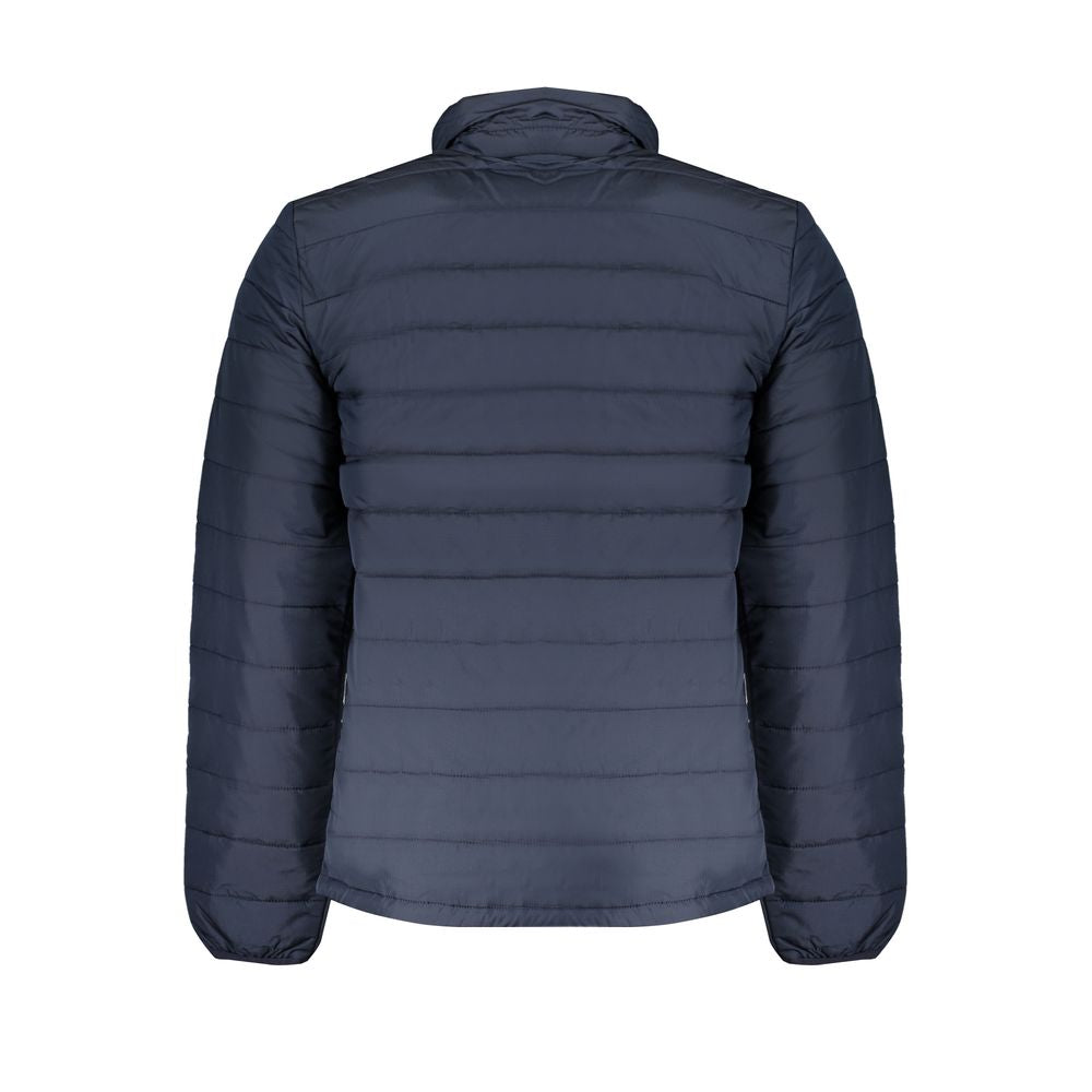 Timberland men's Blu polyester jacket with front zipper, adjustable hood, and multiple pockets, suitable for casual outdoor wear.