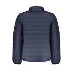 Timberland men's Blu polyester jacket with front zipper, adjustable hood, and multiple pockets, suitable for casual outdoor wear.