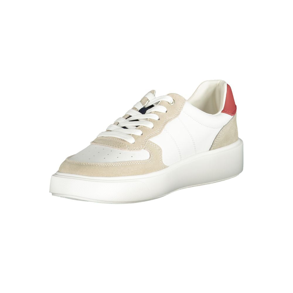 White polyurethane men's sneaker by Blauer with sleek design and sporty laces, shown from a front angle.