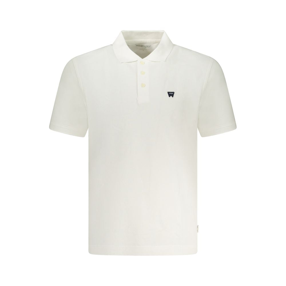 Wrangler white cotton men's polo shirt displayed on a hanger, showcasing a classic collar and short sleeves.
