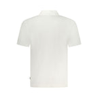White cotton men's polo shirt by Wrangler, featuring a classic fit and collar with short sleeves and button placket.